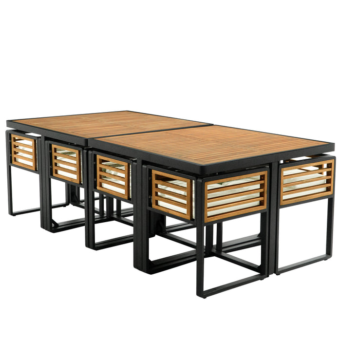 GO 18-Pieces Acacia Wood Patio Dining Set, Space Saving Outdoor Patio Set, 8 Cushioned Chairs & 8 Ottomans & 2 Square Table, for Backyard, Garden, Deck and Poolside, Beige - DTYStore