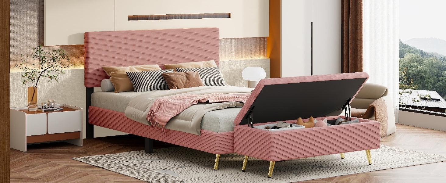 2 Pieces Bedroom Sets Queen Size Upholstered Bed Frame with Modern Corduroy Storage Ottoman