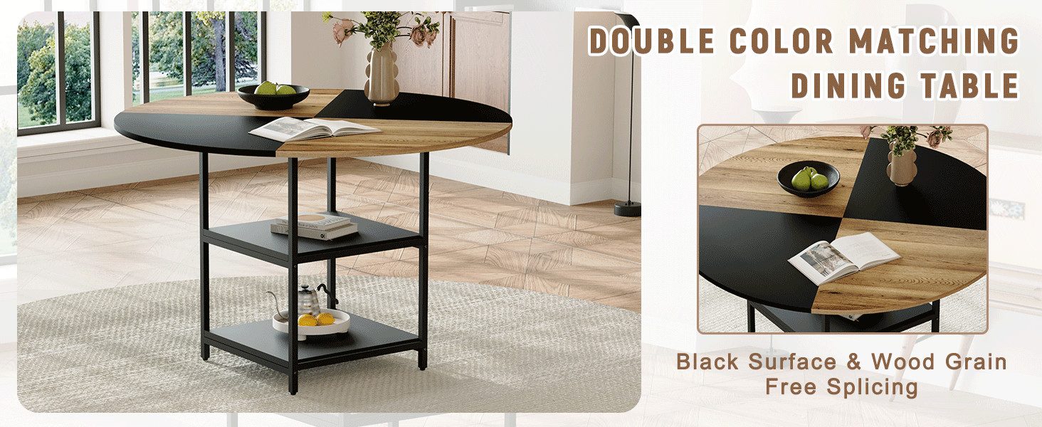 47.3-inch diameter modern splicing circular dining table - double-layer storage, wood and black fan-shaped diagonal color matching design, interpreting home aesthetics and practicality. - DTYStore