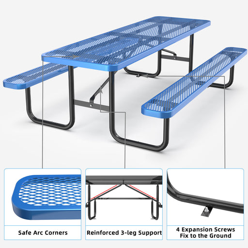 96' Expanded Metal Rectangular Picnic Table, Blue - DTYStore