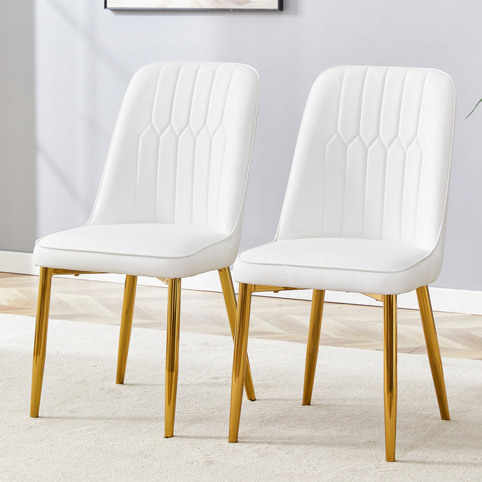 2 modern dining chairs, sleek PU leather backrest, and gold metal legs bring a comfortable home experience to the kitchen, bedroom, and office.W1151P183322 - DTYStore