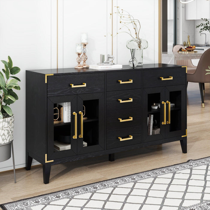 6-drawer and 2-Cabinet Retro Sideboard with Extra Large Storage Space and Gold Handles