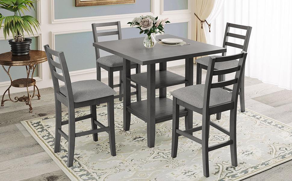 5-Piece Wooden Counter Height Dining Set with Padded Chairs and Storage Shelving