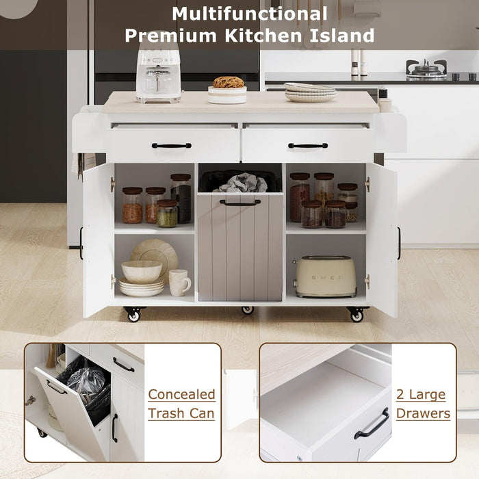 Kitchen Island with Trash Can Storage Cabinet, Kitchen Cart with Drop Leaf, Spice Rack, Towel Rack and Drawer, Rolling Kitchen Island on Wheels with Adjustable Shelf, White - DTYStore