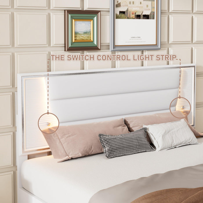 3-Pieces Bedroom Sets Queen Size Upholstered Bed with LED Lights, Nightstands and Dresser with Metal Handles and Sparkling Shiny Decoration, White