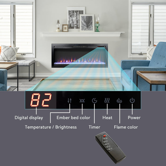 44 inch in wall recessed electric fireplace with remote and multi color flame & emberbed, LED light heater - DTYStore