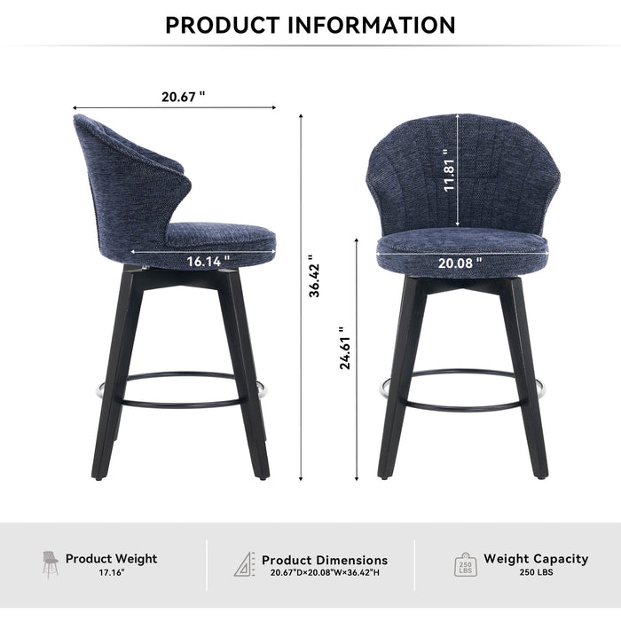 008-Wing Back Swivel Bar Stools Set of 2 - 25' Counter Height Adjustable Stools with Solid Wood Legs & Chenille Upholstery, Leveling Feet for Kitchen Island, Home Pub or Dining Room, Blue - DTYStore