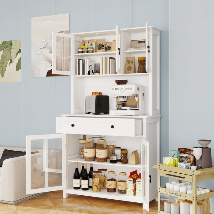 71' Pantry Storage Cabinet with Microwave Oven Countertop, Freestanding Hutch Cabinet with 3 Adjustable Shelves, 5 glass Doors and 1 Large Drawer-White - DTYStore