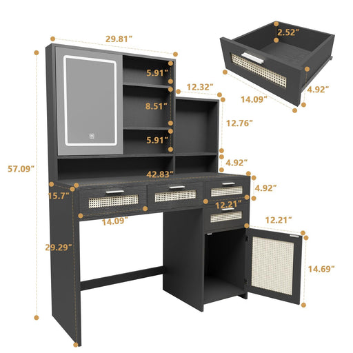 Makeup Vanity with Lights in 3 Colors & Openable Mirror, Vanity Desk with 4 Drawers & 1 Cabinets & Shelves, Vanity Table Rattan Vanity Dresser, for Bedroom - DTYStore