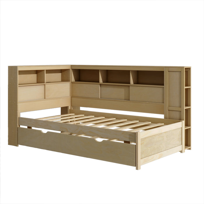 Twin Size Wood Daybed with Storage Shelves, USB and Trundle, Natural - DTYStore