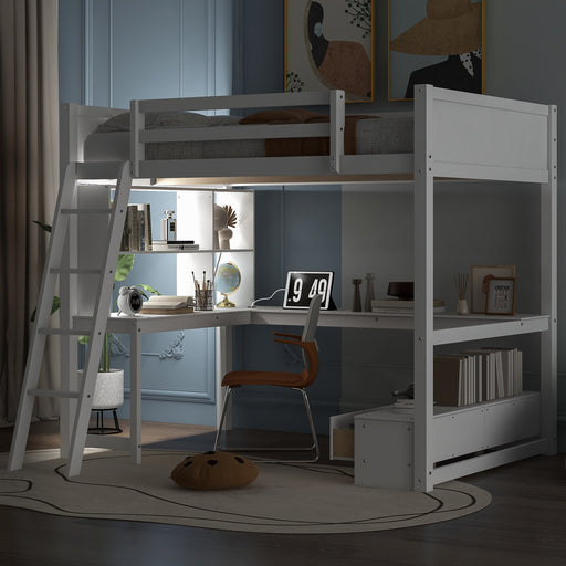 Full Size Loft Bed with L-shaped Multi-storage Desk, LED light and USB Charging Station, Storage Bench with 2 Drawers, White - DTYStore