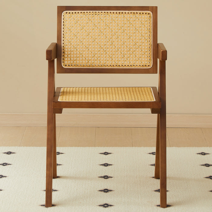 2 dining chairs, walnut color, using rubber wood rattan weaving process, armrest solid wood dining chair, living room chair, simple and natural - DTYStore