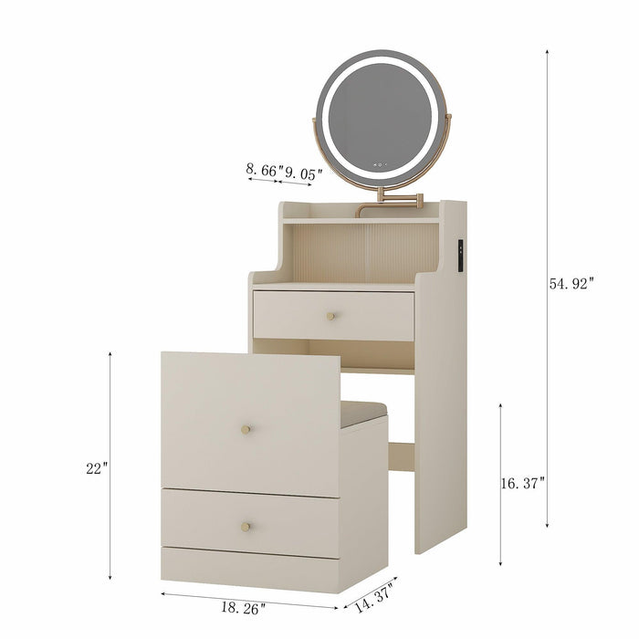 Compact 3 in 1 Vanity Desk with Mirror, Light, Drawers, and Upholstered Stool