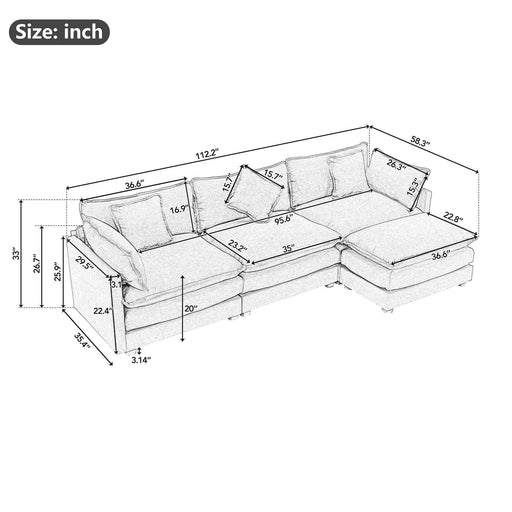 112.2" L-Shape Chenille Upholstered Sofa for Living Room with Ottoman and 5 Pillows - DTYStore