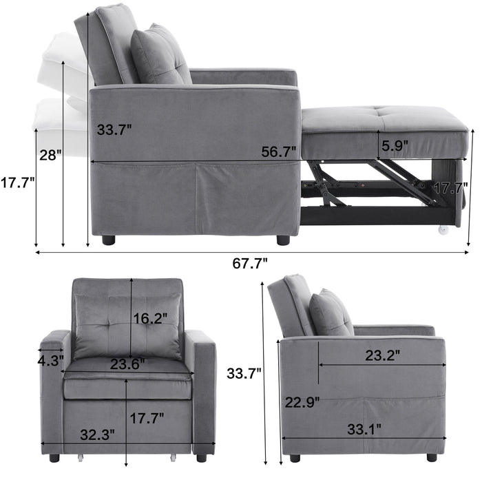 Convertible Sleeper Sofa Chair Bed with Pillow & Pocket, 3-in-1 Sofa Bed Sleeper Chair in Modern Velvet Fabric for Living Room, Bedroom, Study, Apartment, Gray - DTYStore