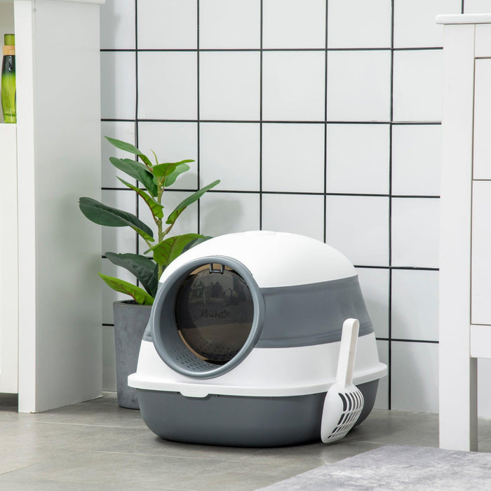 Cat Litter Box with Lid, Covered Litter Box w/ High Sides, Air Freshener, Large Two-Way Entrance Kitty Litter Box, Foldable, Easy Clean, White, and Gray - DTYStore