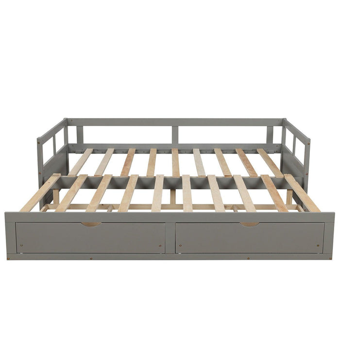 Wooden Daybed with Trundle Bed and Two Storage Drawers , Extendable Bed Daybed,Sofa Bed for Bedroom Living Room, Gray - DTYStore
