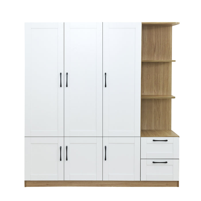 3 Door Wooden Storage Wardrobe for Dedroom with Shelves and 2 Drawers, Side Storage Shelves,White - DTYStore
