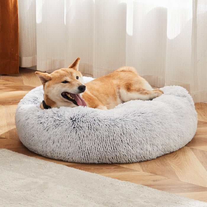 Anti-Slip Round Fluffy Plush Faux Fur Cat Bed, Small gray - DTYStore