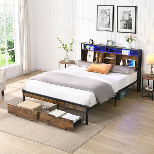 King Size Metal Platform Bed Frame with Wooden Headboard and with Footboard USB,Charging Station,2 Drawers,storage, LED Lights, No Box Spring Needed, Easy Assemble - DTYStore
