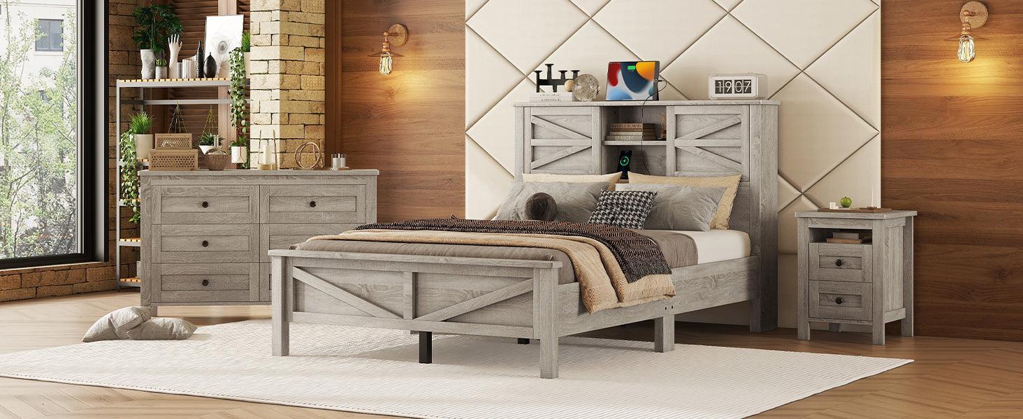 3-Pieces Bedroom Sets Full Size Farmhouse Platform Bed with Double Sliding Door Storage Headboard, Nightstand and Dresser