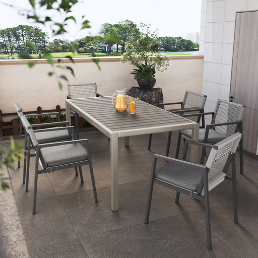 Outdoor Dining Set, Aluminum Dining Chair Set of 6 with Rope+Aluminum Dining Table with Faux Wood Top, Gray+Black - DTYStore