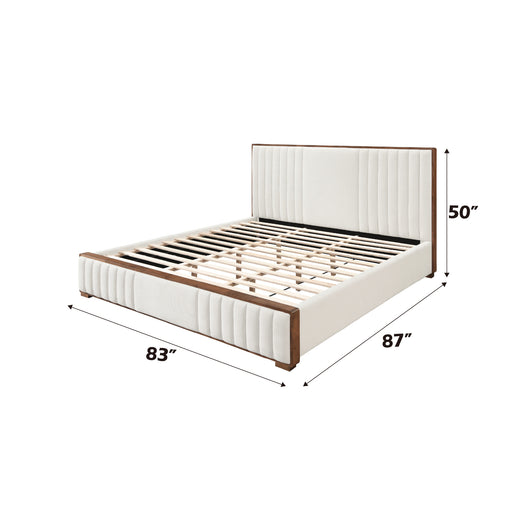 Kaleea Beige Chenille & Walnut Finish EK Bed - DTYStore