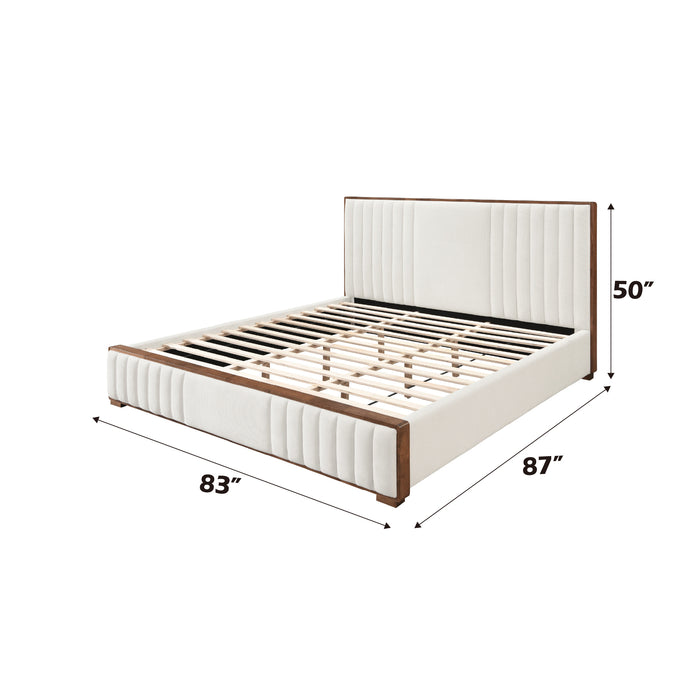 Kaleea Beige Chenille & Walnut Finish EK Bed - DTYStore