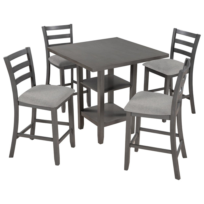 5-Piece Wooden Counter Height Dining Set with Padded Chairs and Storage Shelving