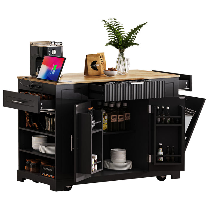 Fluted Kitchen Island with Trash Can Storage Cabinet, Power Outlet, Internal Storage Rack, Rolling Kitchen Islands on 5 Wheels with 3 Drawer, 3 Open Side Racks for 10 Gallon Garbage Bin, Black - DTYStore