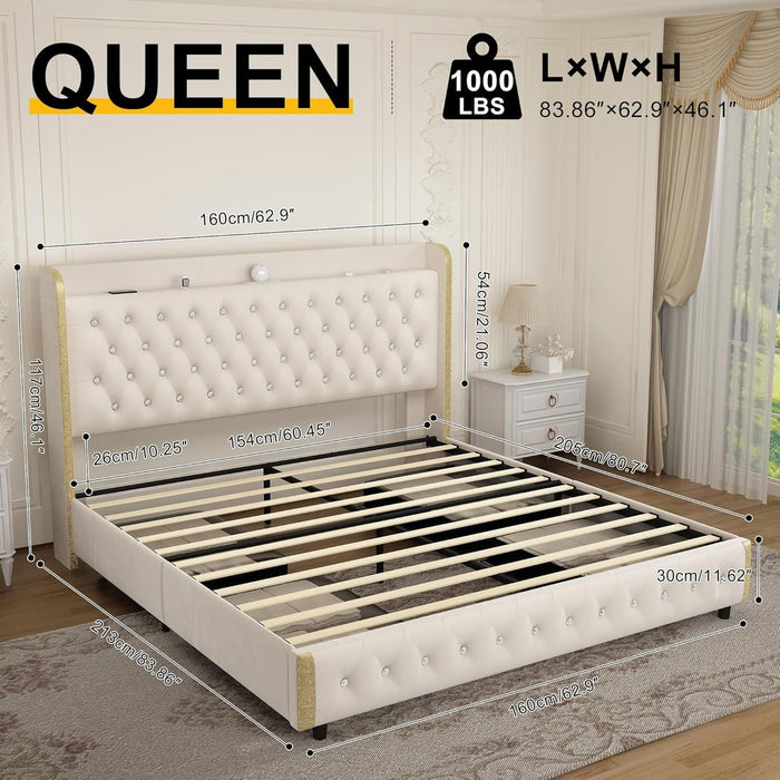 Queen size bed frame with 4 drawers, Star Projector Galaxy Light, Wingback Upholstered Headboard with Diamond Button, USB Charger and music speaker, PU Leather - DTYStore