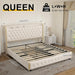 Queen size bed frame with 4 drawers, Star Projector Galaxy Light, Wingback Upholstered Headboard with Diamond Button, USB Charger and music speaker, PU Leather - DTYStore