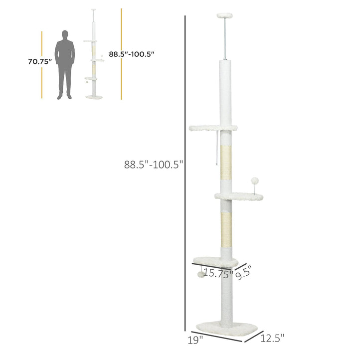 Floor to Ceiling Cat Tree with Scratching Posts, 88.5"-100.5" Adjustable Height, Cat Climbing Tower with Cloud Shape Platforms, Toy Balls, Anti-toppling Device, White