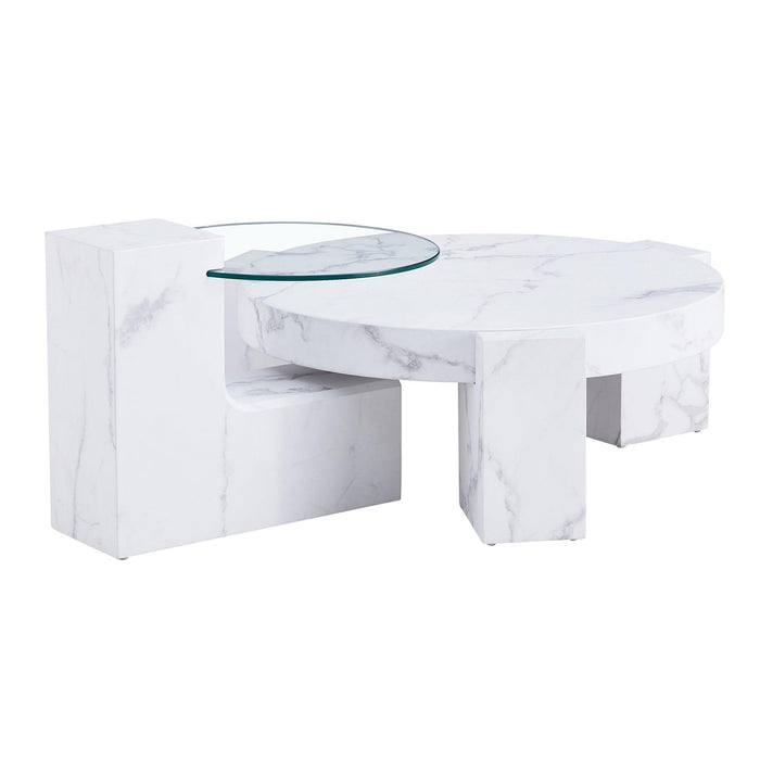 A modern, fashionable, and durable marble textured MDF coffee table with a side table. Match with multiple scenes. Suitable for living room and bedroom.