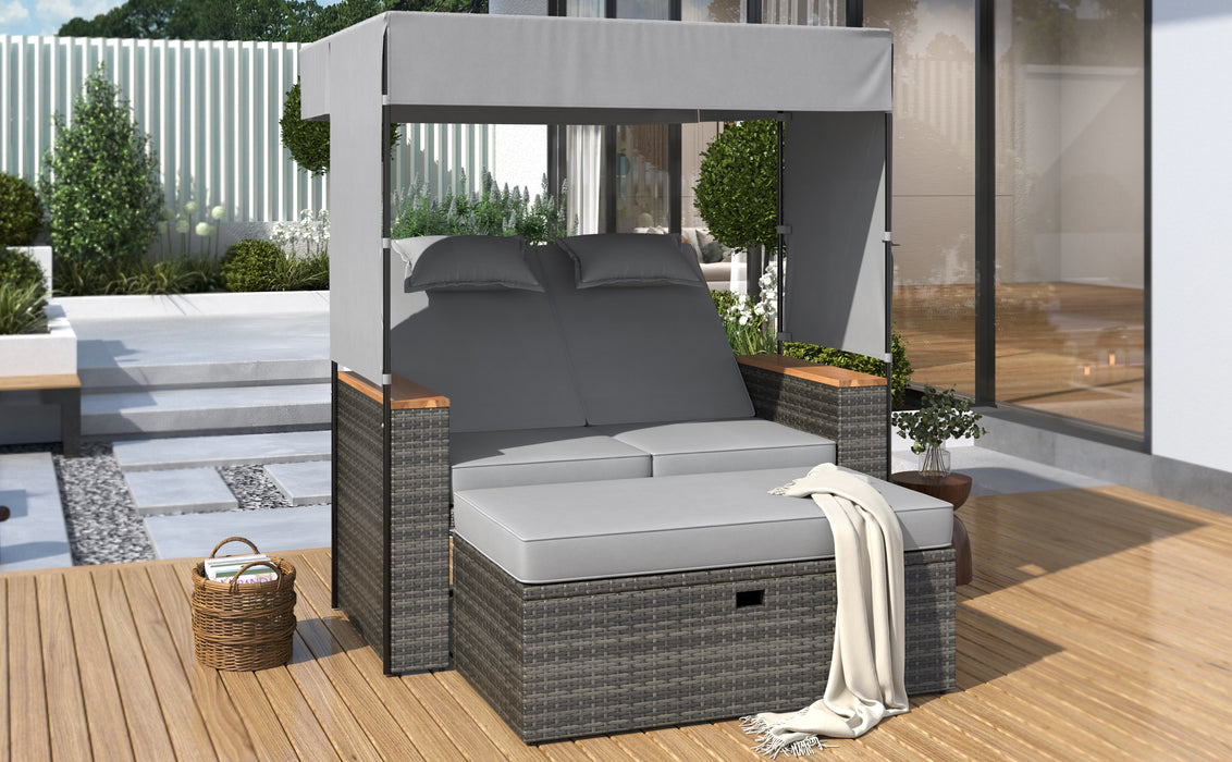 2-Piece Outdoor Rattan Daybed, Outdoor Bed with 5 Positions, Outdoor Loveseat Patio Sofa with Bench Lounge Roof Set and Cushions for Poolside, Backyard and Garden (Grey Wicker + Grey Fabric) - DTYStore