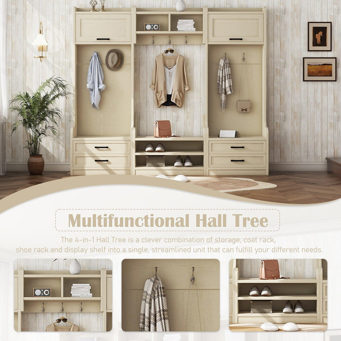 4-in-1 Detachable Hall Tree with Storage and 7 Hooks, Multiple Functions Hallway Coat Rack with Storage Drawers and Cabinet, Antique Beige Shoe Bench for Entryway Hallway