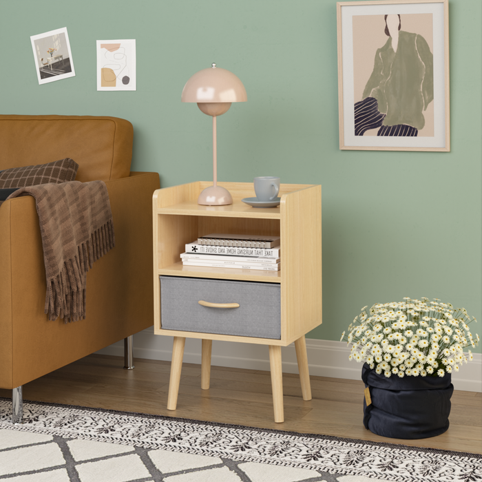 2PC Nightstand With Collapsible Fabric Drawer, 2-Tier Storage End Table, Wood Side Table with Storage Cabinet for Bedroom, Living Room - Oak - DTYStore