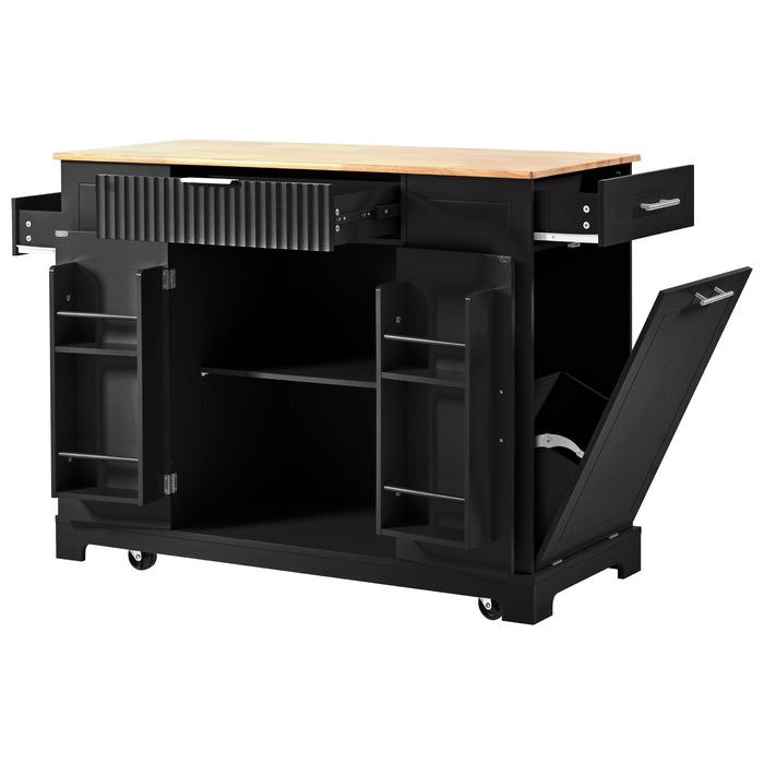 Fluted Kitchen Island with Trash Can Storage Cabinet, Power Outlet, Internal Storage Rack, Rolling Kitchen Islands on 5 Wheels with 3 Drawer, 3 Open Side Racks for 10 Gallon Garbage Bin, Black - DTYStore