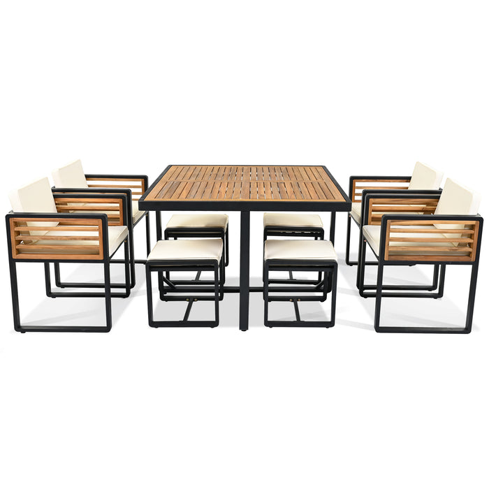 GO 9-Pieces Acacia Wood Patio Dining Set, Space Saving Outdoor Patio Set, 4 Cushioned Chairs & 4 Ottomans & 1 Square Table, for Backyard, Garden, Deck and Poolside, Beige - DTYStore