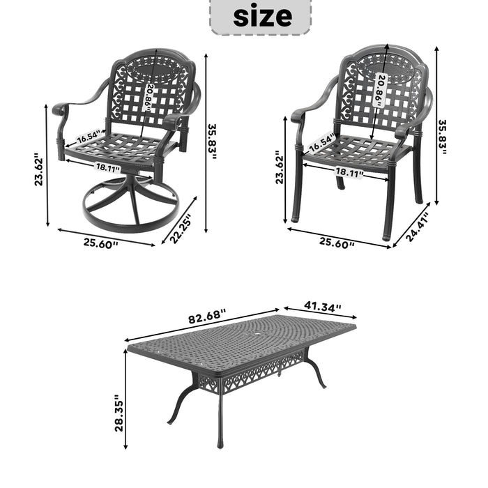 9-Piece All-Weather Cast Aluminum Dining Set, Include 2 Swivel Chairs,6 Dining Chairs and Rectangular Table With Black Frame - DTYStore