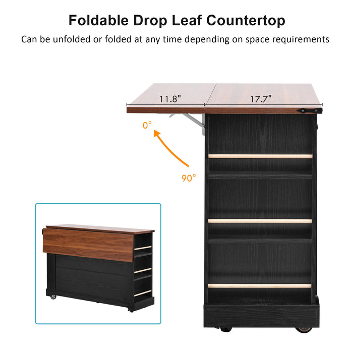 53'' Farmhouse Kitchen Island with Two Tempered Glass Cabinet Doors, Power Outlet, Rolling Kitchen Cart on Wheels with Drop Leaf, 5 Open Side Racks, 3 Drawers, for Kitchen, Dining Room, Black - DTYStore