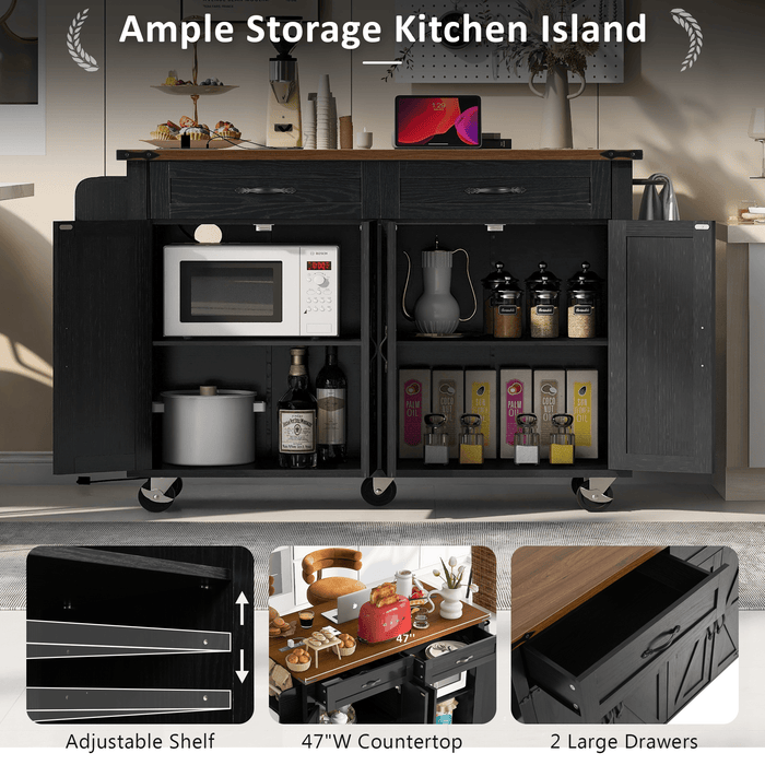 K&K 53.5''Farmhouse Kitchen Island with Power Outlet, Kitchen Storage Island with Drop Leaf, Spice Rack and Drawer, Rolling Kitchen Cart on Wheels, for Home, Kitchen and Dining Room, Black