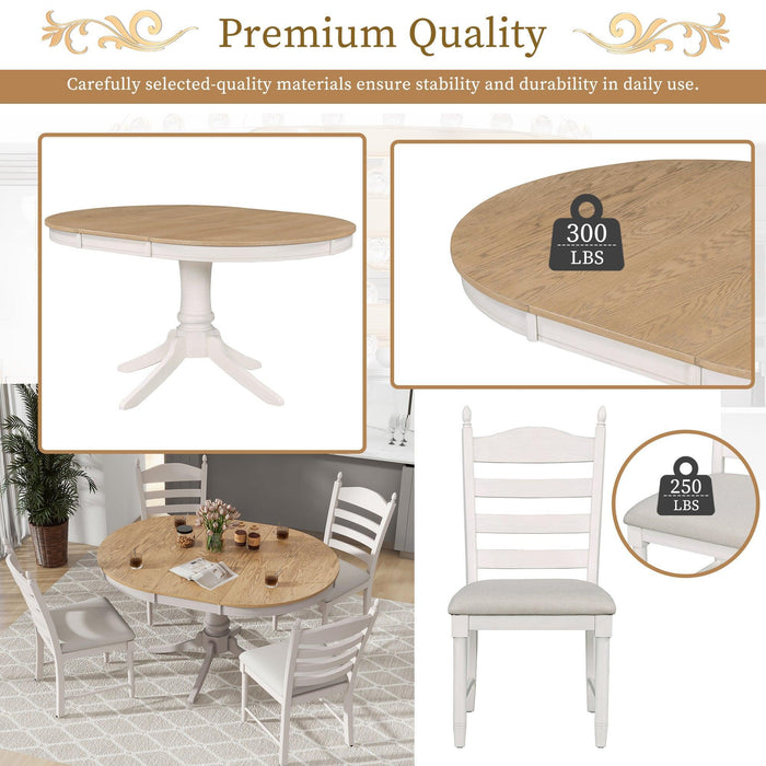 5-Piece Retro Functional Dining Table Set with Round Extendable Table and 4 Chairs