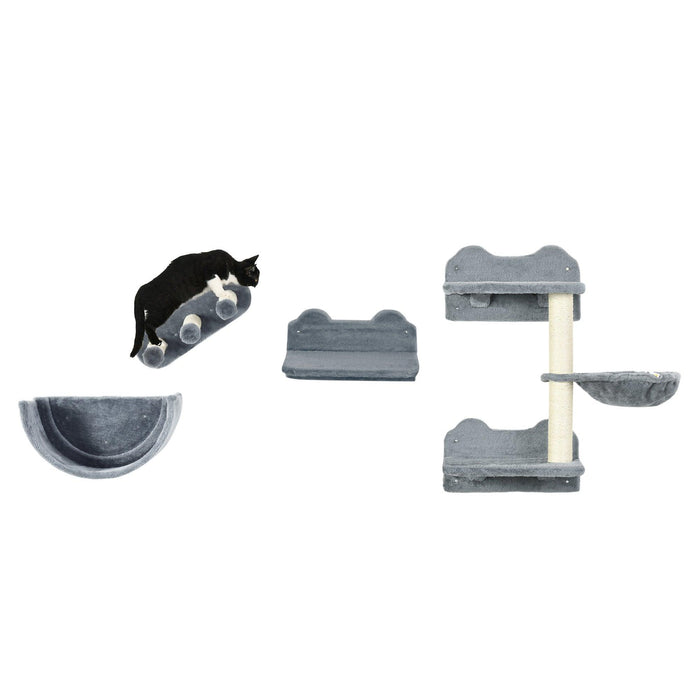 Cat Wall Shelves, 4 Pcs Cat Wall Furniture Cat Climbing Shelf with Cat Hammock, 3 Steps, Perches, Scratching Post, for Sleeping, Playing, Gray