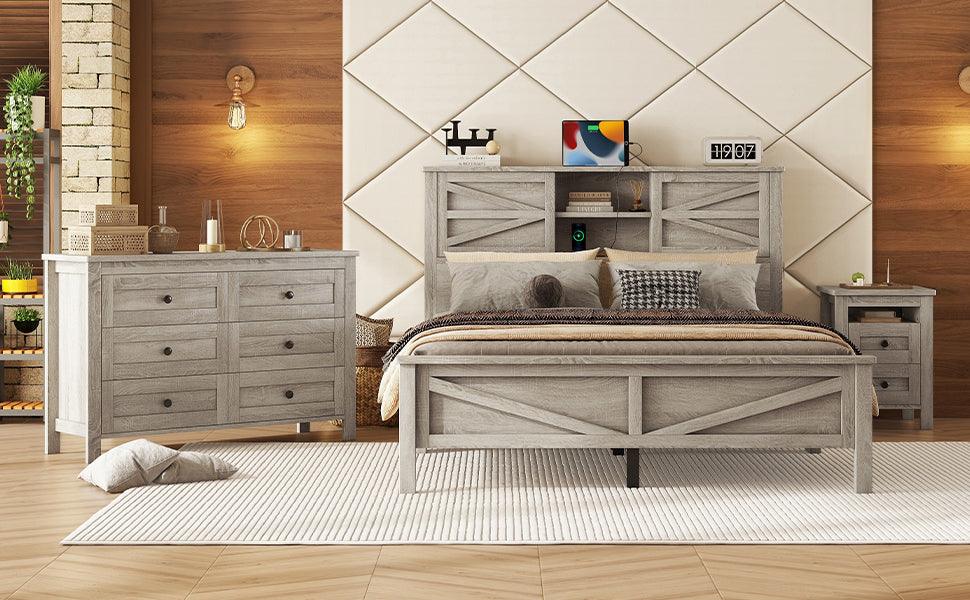 3-Pieces Bedroom Sets Queen Size Farmhouse Platform Bed with Double Sliding Door Storage Headboard and Charging Station, Storage Nightstand and Dresser, Antique Gray