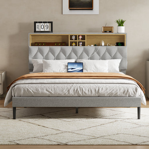 Queen Size Bed Frame with 2-Tier Storage Adjustable Headboard & Charging Station, Solid and Stable, No Box Spring Needed, Noise Free, Easy to Assemble, Gray - DTYStore