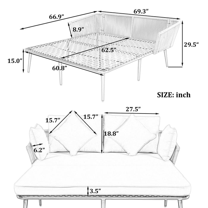 Outdoor Patio Daybed, Woven Nylon Rope Backrest with Washable Cushions, Set for 2 Person