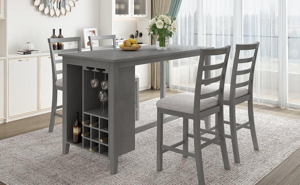 5-Piece Multi-Functional Rubber Wood Counter Height Dining Set with Padded Chairs and Integrated Wine Compartment