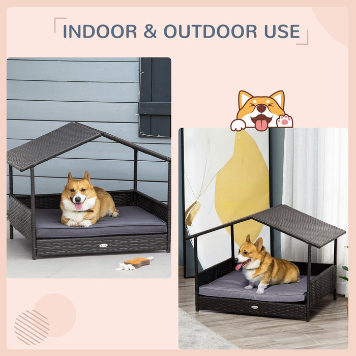 Wicker Dog House Outdoor with Canopy, Rattan Dog Bed with Water-resistant Cushion, for Small and Medium Dogs, Gray - DTYStore