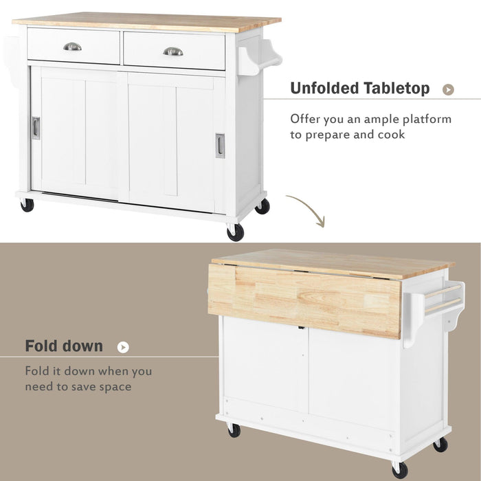 Kitchen Cart with Rubber wood Drop-Leaf Countertop, Concealed sliding barn door adjustable height,Kitchen Island on 4 Wheels with Storage Cabinet and 2 Drawers,L52.2xW30.5xH36.6 inch, White